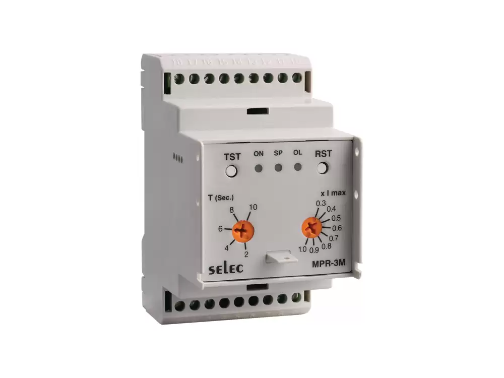 Selec MPR-3M-2-230V,1 and 3 analog Motor protection relay,Monitors Phase loss, Phase unbalance, Phase sequence, Overload trip current, Under  Over current,Suitable for 1 or 3 motors,2 CO DPDT