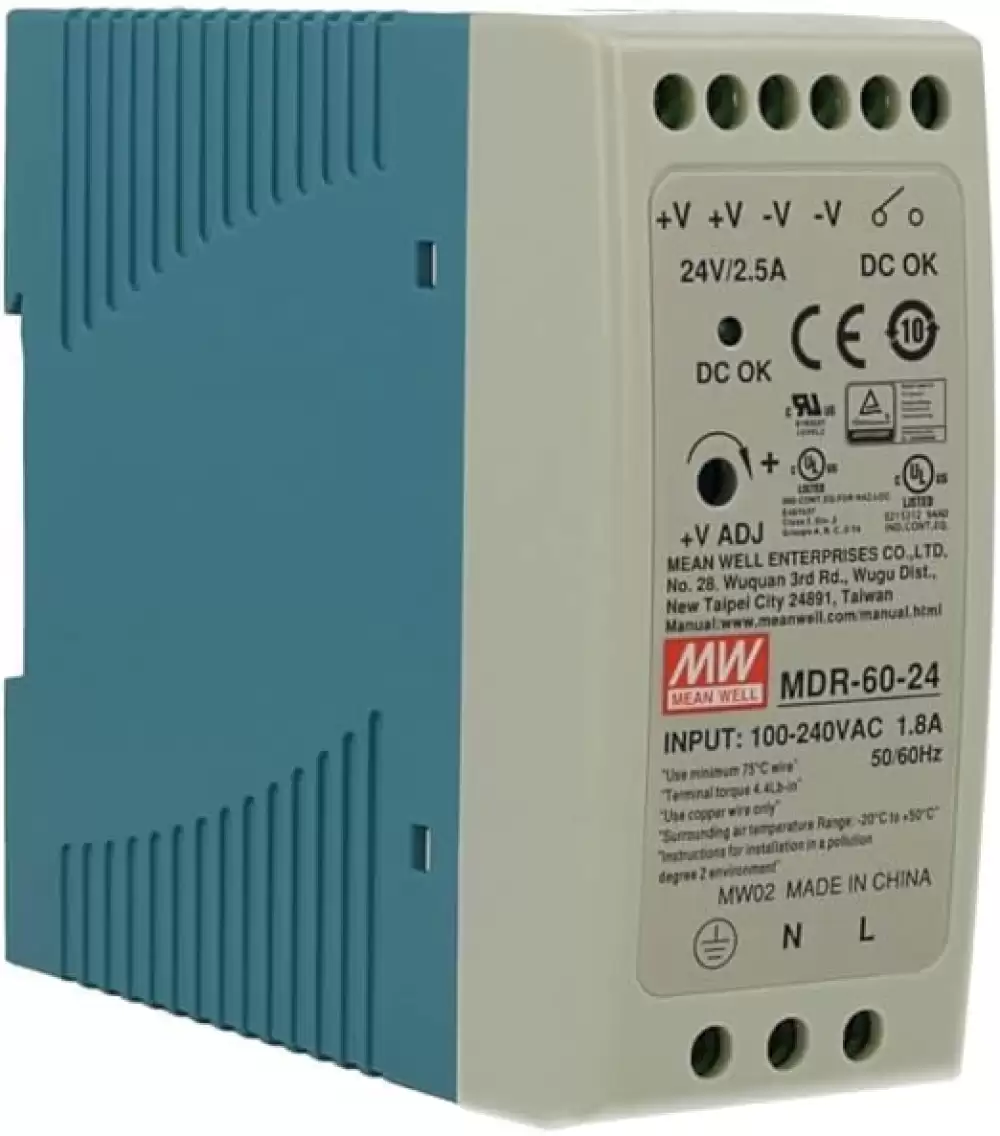 MEAN WELL, MDR-60-24,AC-DC Industrial DIN rail power supply Output 24Vdc at 2.5A plastic case