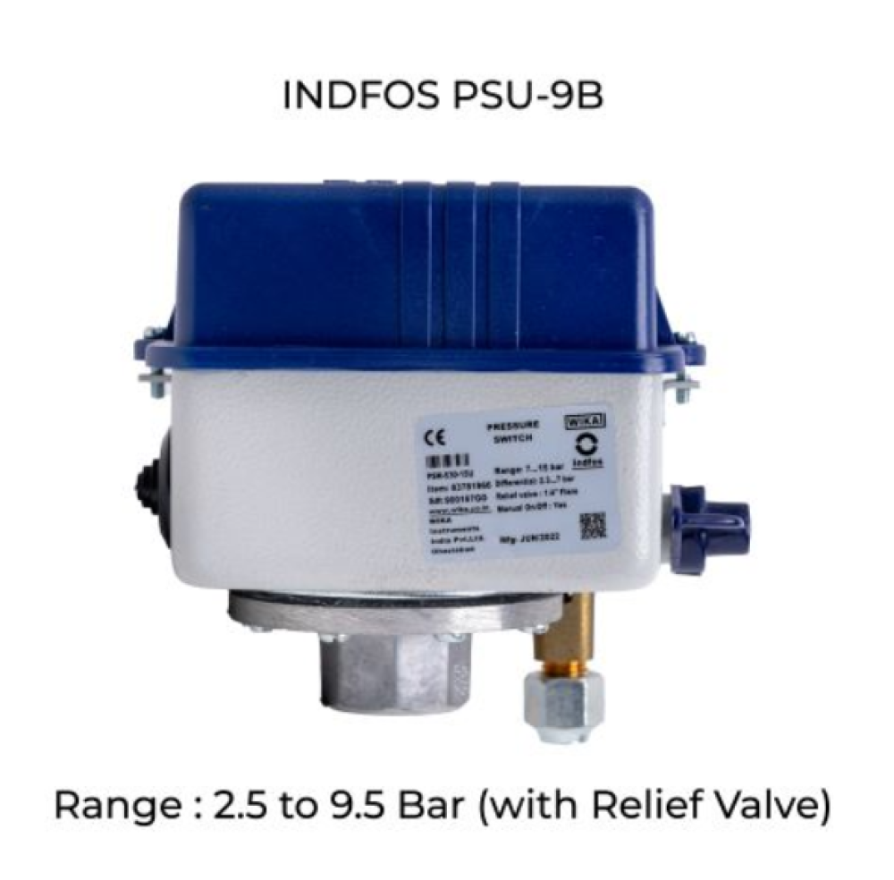 INDFOS PSU-9B Adjustable Pressure Switch 2.5 to 9.5  Bar with Relief Valve